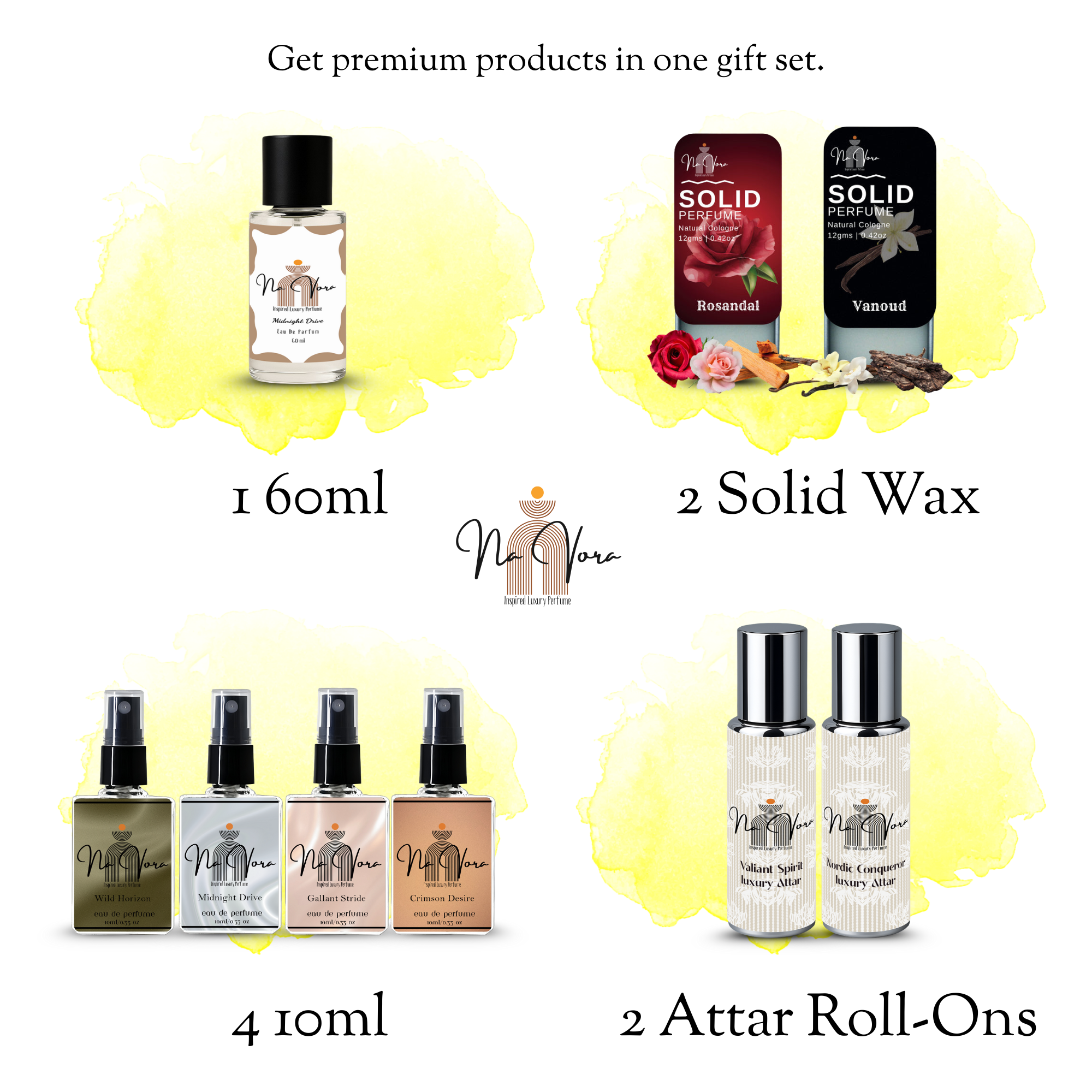 Navora Men's Signature Gift Set: 60ml EDP, 4x10ml Mini Sprays, 2x12gms Solid Perfumes, and 2 Attar Roll-Ons.